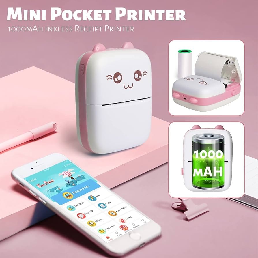 Mini Bluetooth Thermal Printer 57mm – Portable Inkless Photo Printer for Android & iOS, Wireless Label and Sticker Printer